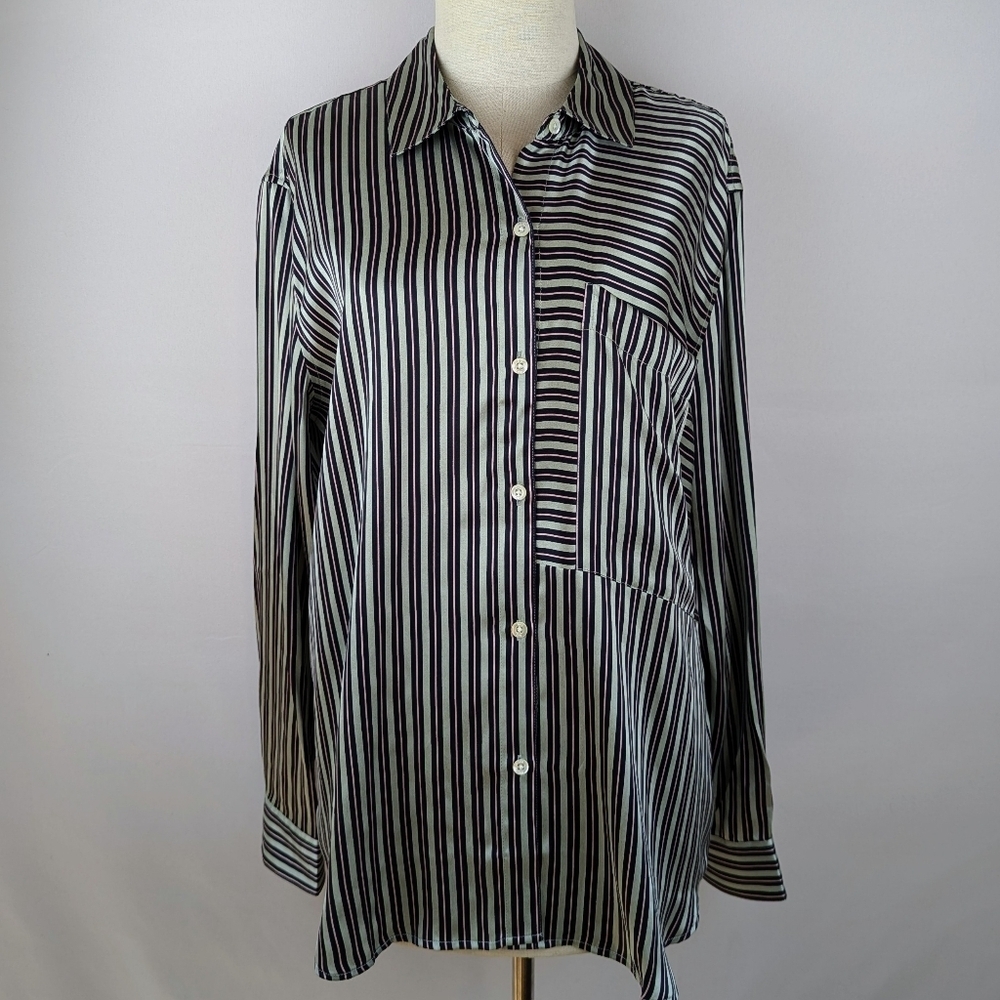 Rails Spencer 100% Silk Charmeuse Button Front Relaxed Fit Aspen Stripe L NWT